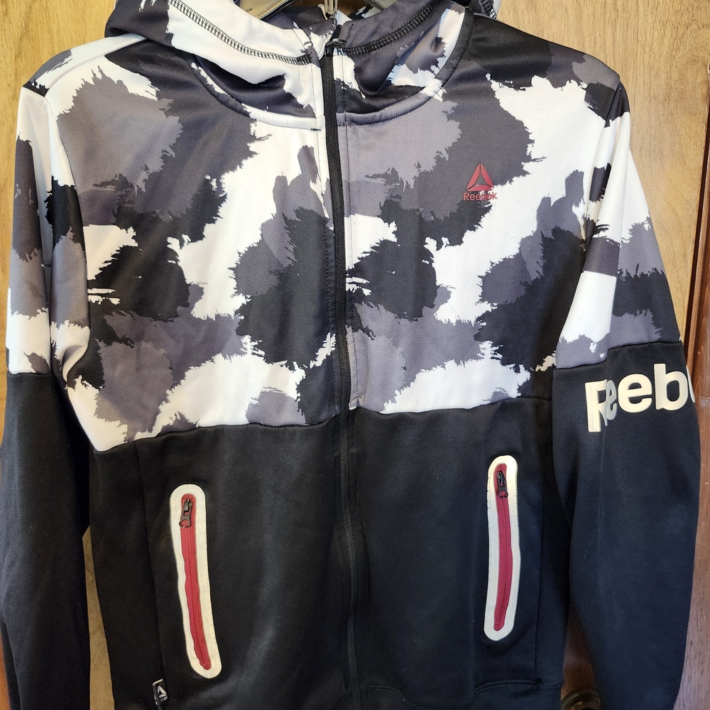 Reebok Boy's Black, Gray and White Hooded Zip-Up Jacket Size XL (14/16)